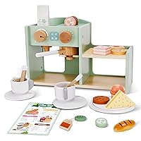 2-in-1 Wooden Coffee Sales Desk Playset, Coffee Maker Set - 24 PCS Bread, Desserts, Coffee Making Store,Stand Toddler Play Wooden Food Toys Accessories, Kitchen Food Set for Toddlers and Kids Ages 3+