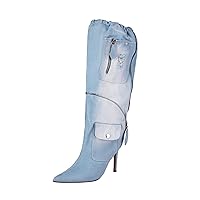 Women's Stiletto Knee High Boots Denim Pull On Cowgirl Mid Calf Boots Pointed Toe Western Cowboy Booties with Pockets and Zipper Decorate