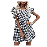 Summer dresses for Women Gingham Round Neck Butterfly Sleeve Smock Dress (Color : Black and White, Size : Medium)