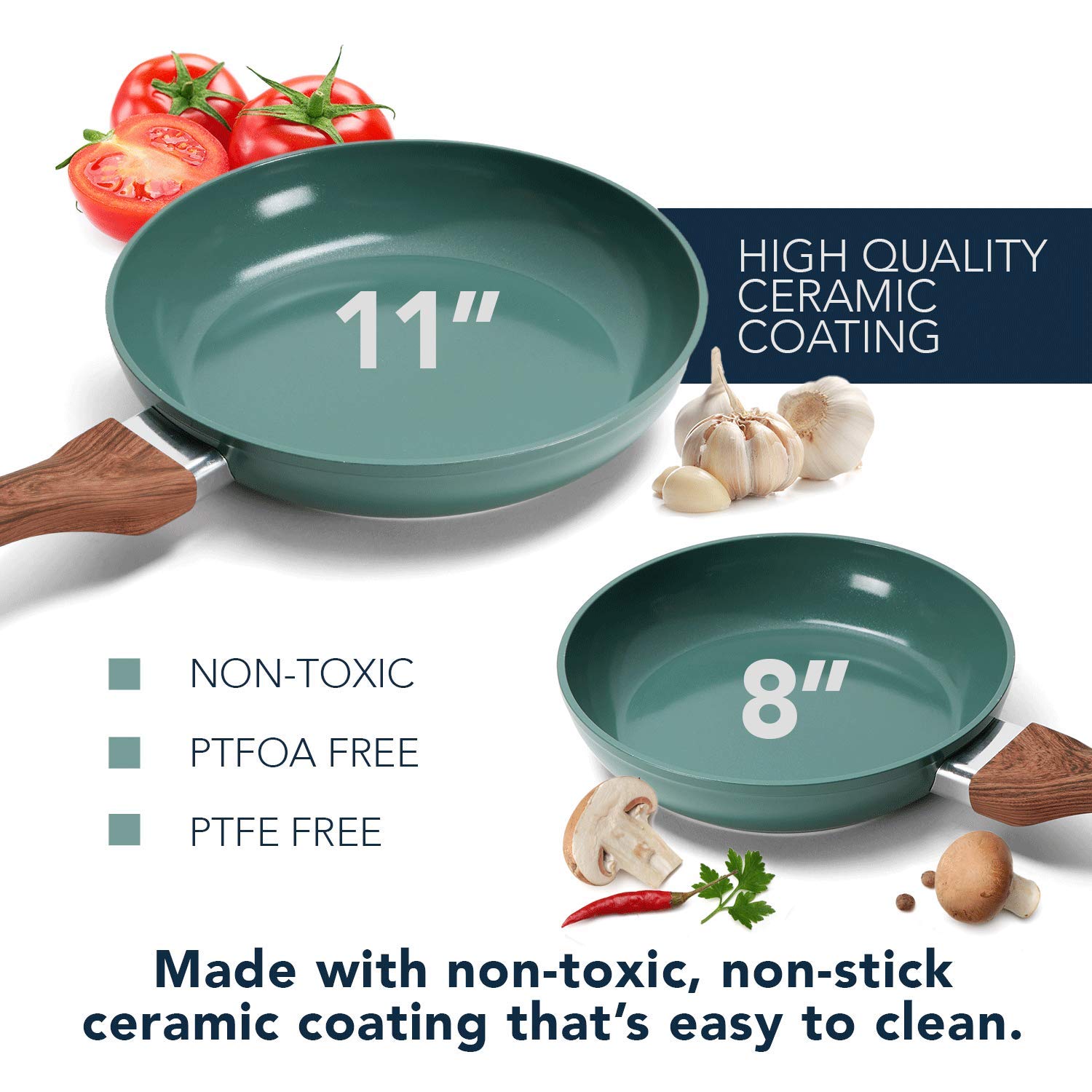 Phantom Chef Frying Pan Set | 100% Aluminum Nonstick Frying Pan Set With Nontoxic Ceramic Coating | Soft Touch Stay Cool Handle | PTFE PFOA Lead and Cadmium Free | 8 Inch and 11 Inch Fry Pan | Green