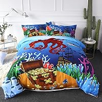 Kids' Bedding Duvet Covers Sets 3D Blue Sea Life Bed Set for Boys Girls Deep Sea Octopus Guarding Pirate Guarding Treasure 3 Pieces Zipper Closure 4 Corner Ties (Full)
