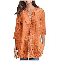 Womens Button Down Blouses Cotton Linen Tops 3/4 Sleeve V Neck Tshirt Casual Solid Color Office Work Long Tunic Tees