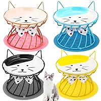 Mifoci 4 Pcs Cat Food Dishes, Elevated Cat Food Bowl with Metal Stand and Non Slip Silicone Mats, Raised Pet Food and Water Bowl, Cat and Dog Bowl, Shallow Ceramic Cat Water Bowl, Dishwasher Safe