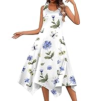 Beach Wear for Women 2024 Casual Round Neck Sleeveless Floral Print Irregular Hem Midi Dress