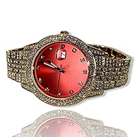 Men's Round Gold Red Custom Dial Wrist Watch Band Luxury Round CZ Diamond Iced Bracelet Watch Roman Numeric Dial Watch For Men Women Hip Hop Rapper Choice, Iced Watch Custom Fit, Bust Down Watch
