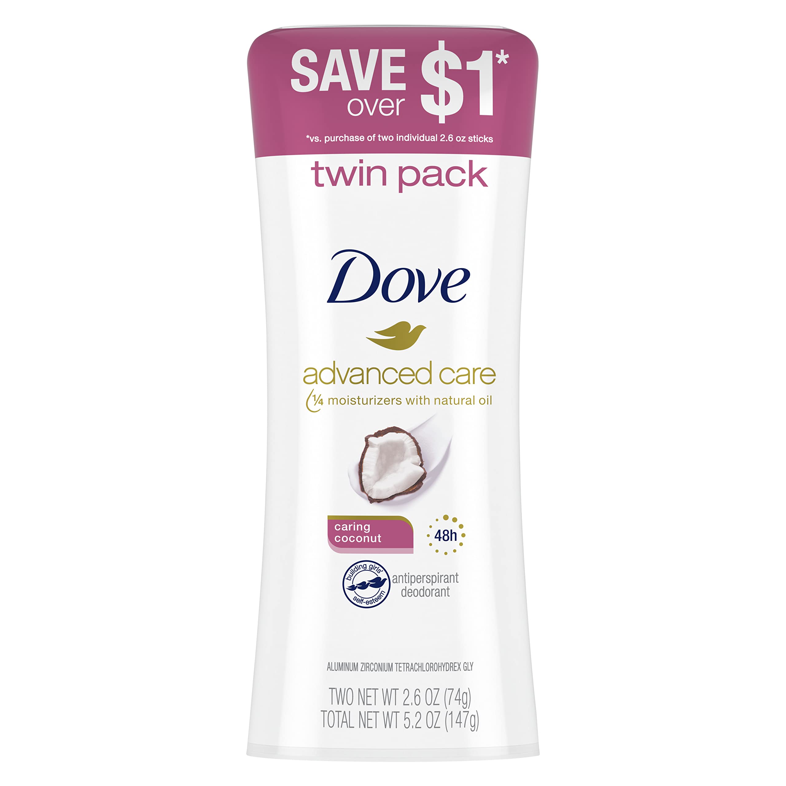 Dove Advanced Care Antiperspirant Deodorant Stick for Women, Caring Coconut, for 48 Hour Protection And Soft And Comfortable Underarms,2.6 Ounce (Pack of 2)