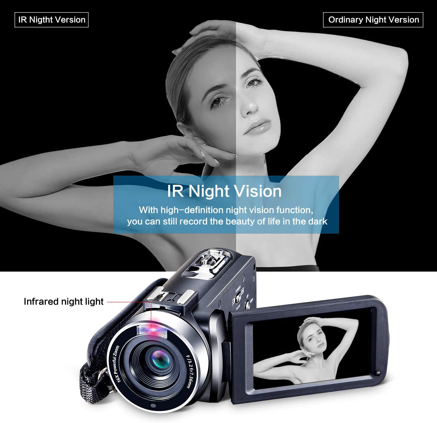 OIEXI Video Camera 4K Camcorder Vlog Camera for YouTube, HD Digital Camera with 16X Digital Zoom and Night Vision, Video Recorder with Microphone (32GB SD Card, 2 Batteries Included)