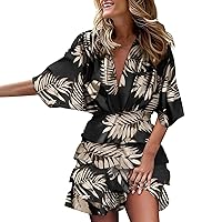 Dresses for Women 2024 Ruffle Hem V Neck Batwing Sleeve Floral Sundresses Trendy Beach Hawaiian Dresses Casual Boho Dress