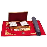 Yellow Mountain Imports Mahjong Bundle - Classic Chinese Mahjong Game Set, Champagne Gold with Wooden Case and Red 31.1-inch Table Cover for Mahjong and Board Games