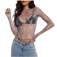 Women's Mesh Top Long Sleeve Mock Neck Sheer Layering Top Sexy Lace Floral See Through Shirts Party Club Blouse