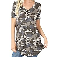 Women’s Short Sleeve Rayon Camouflage V-Neck Cotton T Shirt Top Blouse S-3XL