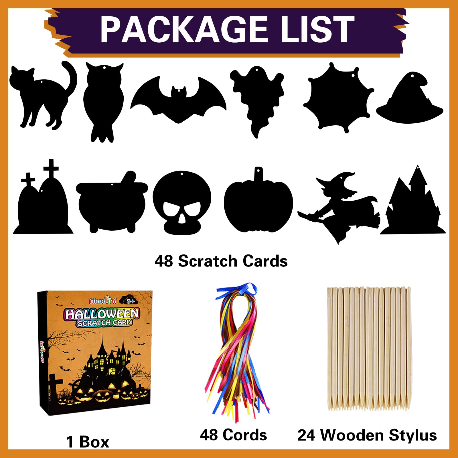 Max Fun Halloween Crafts Scratch Off Art Paper Cards 48Pack, Magic Rainbow Ornaments Hanging Supplies Educational Toys Kit Halloween Party Games Favors for Kids