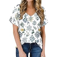 Women's Tops and Blouses Summer Fashion Casual Print V Neck Short Sleeve Top Blouse, S-3XL