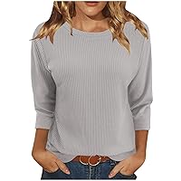 3/4 Length Sleeve Womens Tops Casual Loose Fit Crewneck T Shirts Knitted Blouses Cute Solid Three Quarter Length Tunic Top