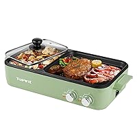 Topwit Hot Pot Electric with Grill, 2 in 1 Indoor Non-Stick Electric Pot and Griddle for Korean BBQ, Steaks, Shabu Shabu and Noodles, Independent Dual Temperature Control, Fast Heating, Green