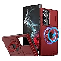 ONNAT-Shockproof Case for Samsung Galaxy S22ultra/S22plus/S22 with Slide Camera Lens Cover with Ring Holder Support Magnetic Wireless Charging (S22 Ultra,Red)