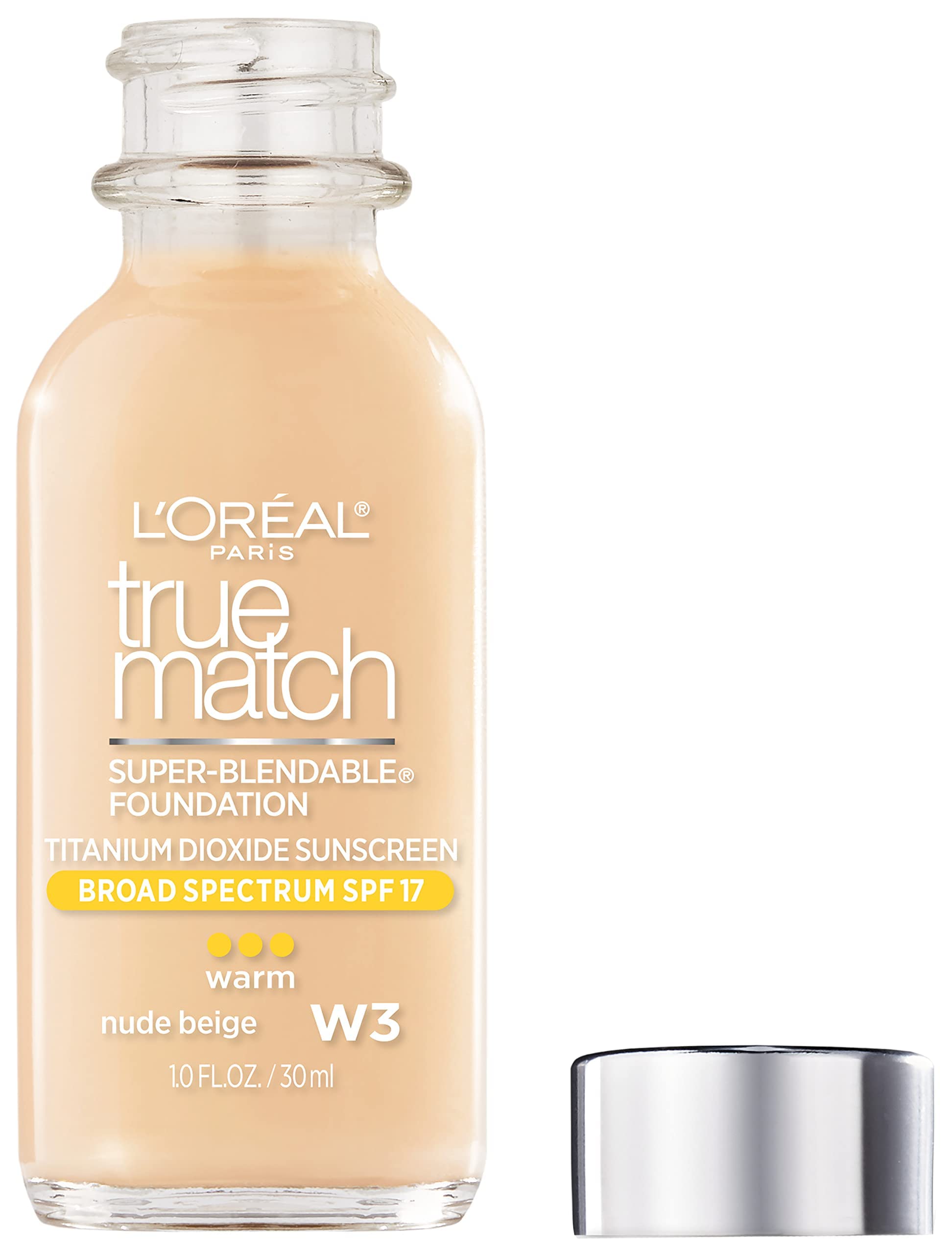 L'Oreal Paris Makeup True Match Super-Blendable Liquid Foundation, Nude Beige W3, 1 Fl Oz,1 Count