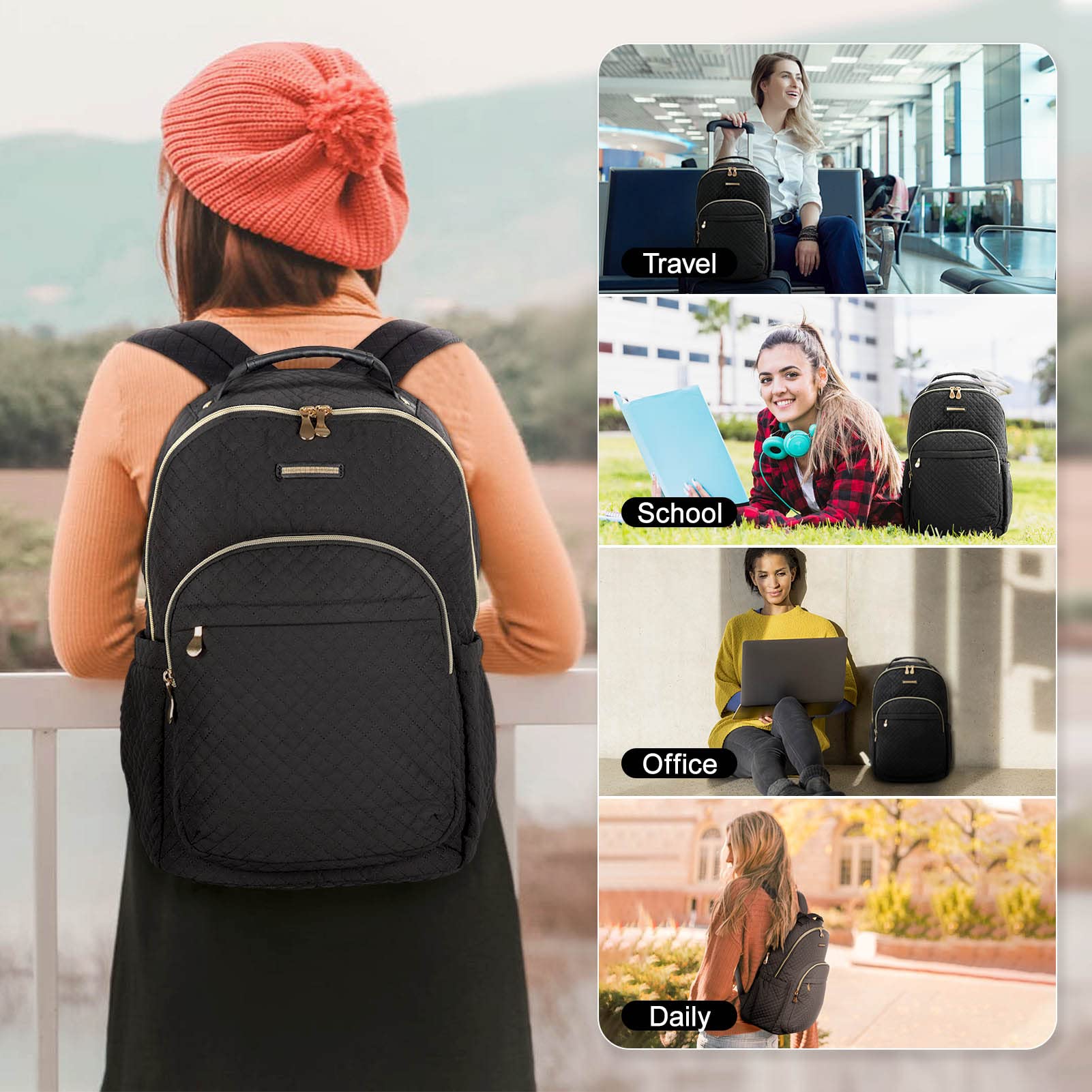 LIGHT FLIGHT Travel Laptop Backpack Women, 15.6 Inch Anti Theft Laptop Backpack with USB Charging Hole Water Resistant Casual Daypack Computer Backpack for Work, Quilted Black