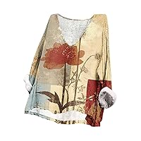 Vintage Floral Print Loose Tee Tops Women Scoop Neck Long Sleeve Fashion Shirts Summer Plus Size Casual Streetwear