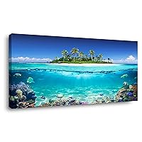 Tropical Island Coral Reef Landscape Canvas Wall Art for Living Room,Unique View Split Waterline Scenery,Beautiful Nature Summer Travel Scenic Picture Print Artwork Painting Decor,Inner Frame 24x48