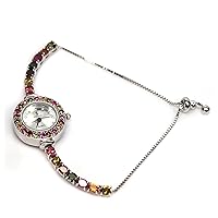 Thailuckygems Natural Unheated Fancy Color Tourmaline & Cubic Zirconia Wrish Watch Silver 925 Sterling White Gold Plated