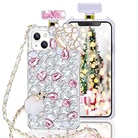 LUVI Compatible with iPhone 13 Perfume Bottle Case Cute Bling Diamond Rhinestone Glitter for Women Girls with Crossbody Neck Strap Lanyard Chain 3D Handmade Phone Case Pink