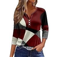 Short Sleeve Shirts for Women,3/4 Length Sleeve Womens Tops Button Henley V Neck Shirts Henley 2024 Summer Blouses Dressy Fashion Print Clothes Womens 3/4 Sleeve T Shirts