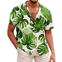 Men's Cotton Linen Shirts Button Down Tunic Tops Short Sleeve Tropical Floral Printed Classic Fit Beach Shirts