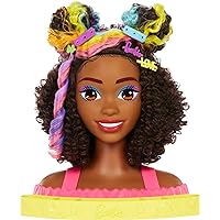 Barbie Totally Hair Styling Doll Head & 20+ Accessories, Color Reveal & Color-Change Pieces, Curly Brown Neon Rainbow Hair