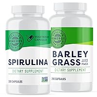 Barley Grass Juice Powder Capsules, 30 Servings and Natural Spirulina Powder Capsules, 30 Servings - Bundle