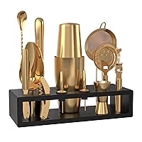 Highball & Chaser Bartender Kit with Black Bamboo Stand Beautiful Cocktail Shaker Set and Bar Tools Stainless Steel Boston Shaker Bartender Kit with Stand (Antique Gold)