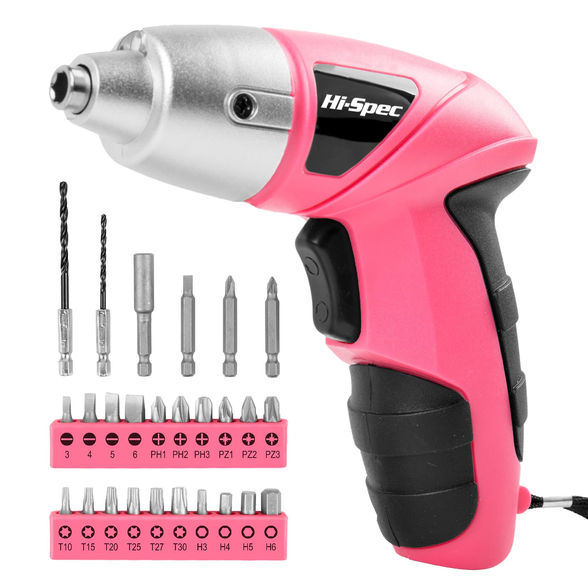 Hi-Spec 27 Pc Electric Screwdriver Pink 3.6V with 23 Drill Bit Set for Woman. Cordless Screwdriver Tool with USB Rechargeable Battery and LED Light for DIY Home & Office