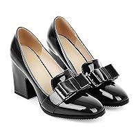 MOOMMO Women Chunky Heel Pumps Bowknot Patent Leather Loafers Round Closed Toe Sandals 3.5 Inch High Block Heel Slip On Summer Casual Office Dress Shoes Size 4-11 M US