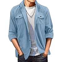 Men's Long Sleeve Button Down Shirts Casual Loose Fit Solid Color Lightweight Shirts Lapel Shacket Jacket with Pockets