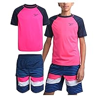 Reebok Boys' Rashguard Set - 2 Piece UPF 50+ Quick Dry Swim Shirt and Bathing Suit Trunks - Swimwear Set for Boys (4-12)