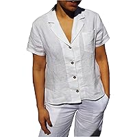 100% Organic Linen Loose Fit Coconut Button Front Camp Shirt Short Sleeves high-Low Hemline