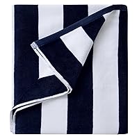 Plush Oversized Beach Towel - Fluffy Cotton Thick 36 x 70 Inch Navy Blue Striped Pool Towels, Large Summer Cabana Swimming Towel for Adults