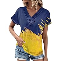 Womens Shirts Dressy Casual Tops Fashion Retro Printed Pleated Button T-Shirt V-Neck Short Sleeve Tops Regular Fit