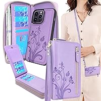 Compatible with iPhone 14 Pro Max 6.7 inch 2022 Case Crossbody Dual Zipper Detachable Magnetic Leather Wallet Phone case Cover (Floral Purple)