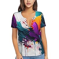 Paint Splatter Women's Flowy Tops,V-Neck T-Shirts, Plus Size Blouses with Short Sleeves, Suitable for Summer,Work Wear