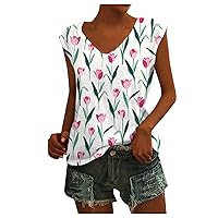 Womens T Shirts Short Sleeve Tees Loose Tops Women's Slim Fit Tee Fashionable V Neck Top with Flower Print