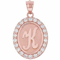 10k or 14k Rose Gold Finish Round Cut Diamond Unisex Oval Halo CZ Initial Letter K Pendant