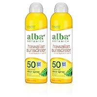 Alba Botanica Sunscreen Spray for Face and Body, Broad Spectrum SPF 50 Sunscreen, Hawaiian Coconut, Water Resistant and Biodegradable, 6 fl. oz. Bottle (Pack of 2)