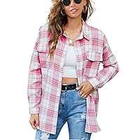 happlan Flannel Plaid Button Down Shirt Shacket Blouse Tops for Women Oversized