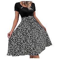 Spring Dresses for Women 2024,Women‘s SummerFloral Paisley Dress Crew Neck Short Sleeve Belted Tie A Midi Dres