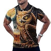 Owl Beer Full Moon Mens Polo Shirts Casual Short Sleeve T Shirt Regular Fit Golf Shirts Funny Printed