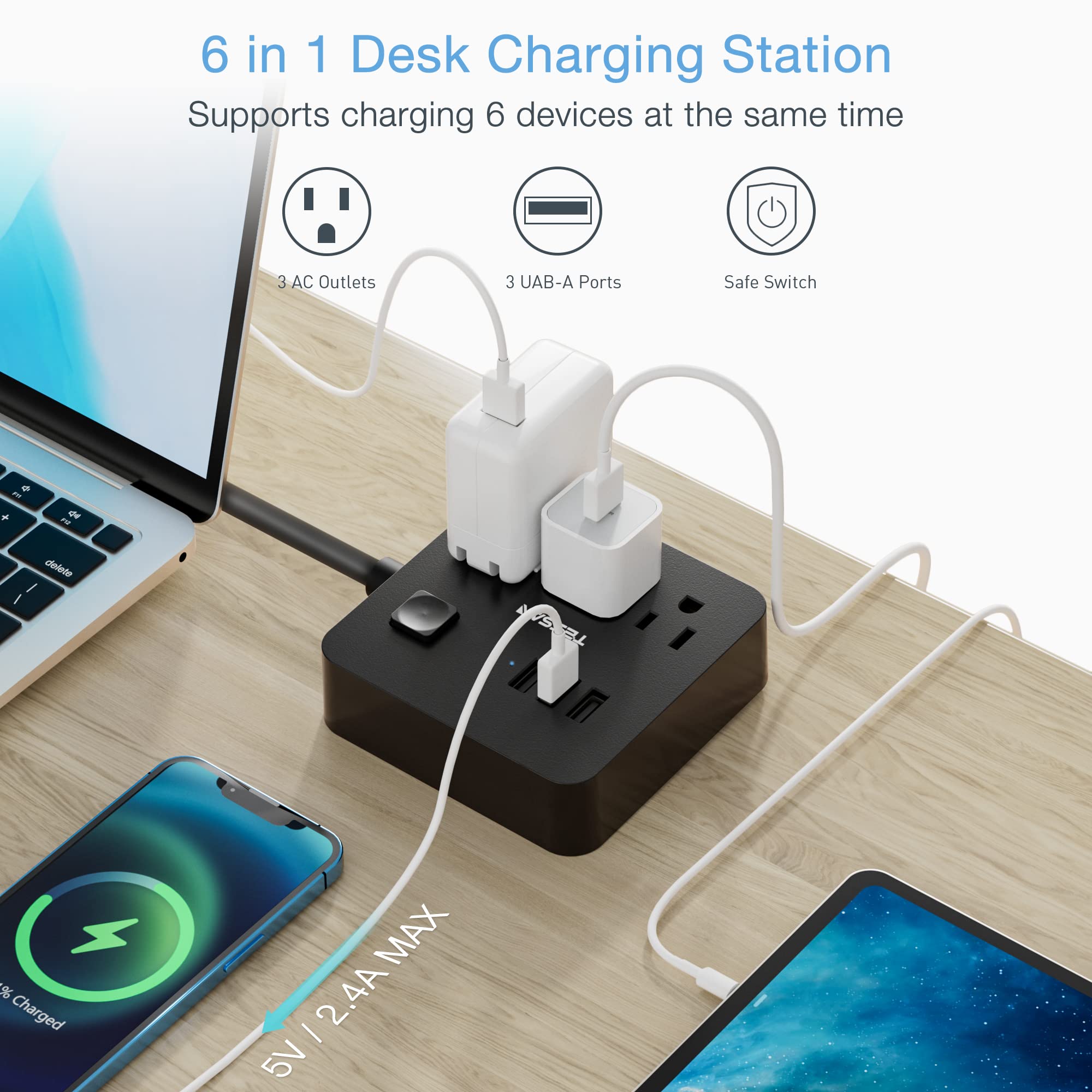 Power Strip with 3 USB 3 Outlet, Desktop Charging Station 5 ft Flat Plug Extension Cord, Small and Portable for Cruise Ship, Office, School, Black