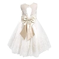 PLUVIOPHILY Backless Keyhole Back Lace Tulle Wedding Flower Girl Dress Kids Party Dress with Champagne Bow