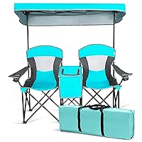 DORTALA Double Camping Chair with Canopy, 2 Person Folding Beach Chair with Canopy Shade, Table Beverage Holder and Storage Bag, Double Rocker Chair Outdoor for Camping, Beach, Picnic, Turquoise