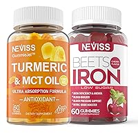 NEVISS Vegan Iron Gummies w/multivitamin -Turmeric Curcumin Liquid Filled Gummies, Gentle Iron, Ultra Absorption